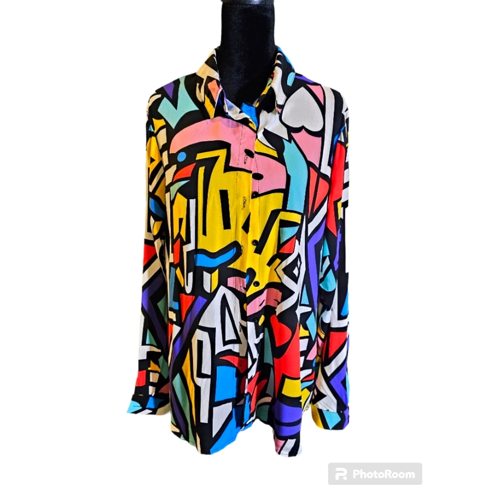 Big Dart Color Abstract Button Down Blouse Size U… - image 1